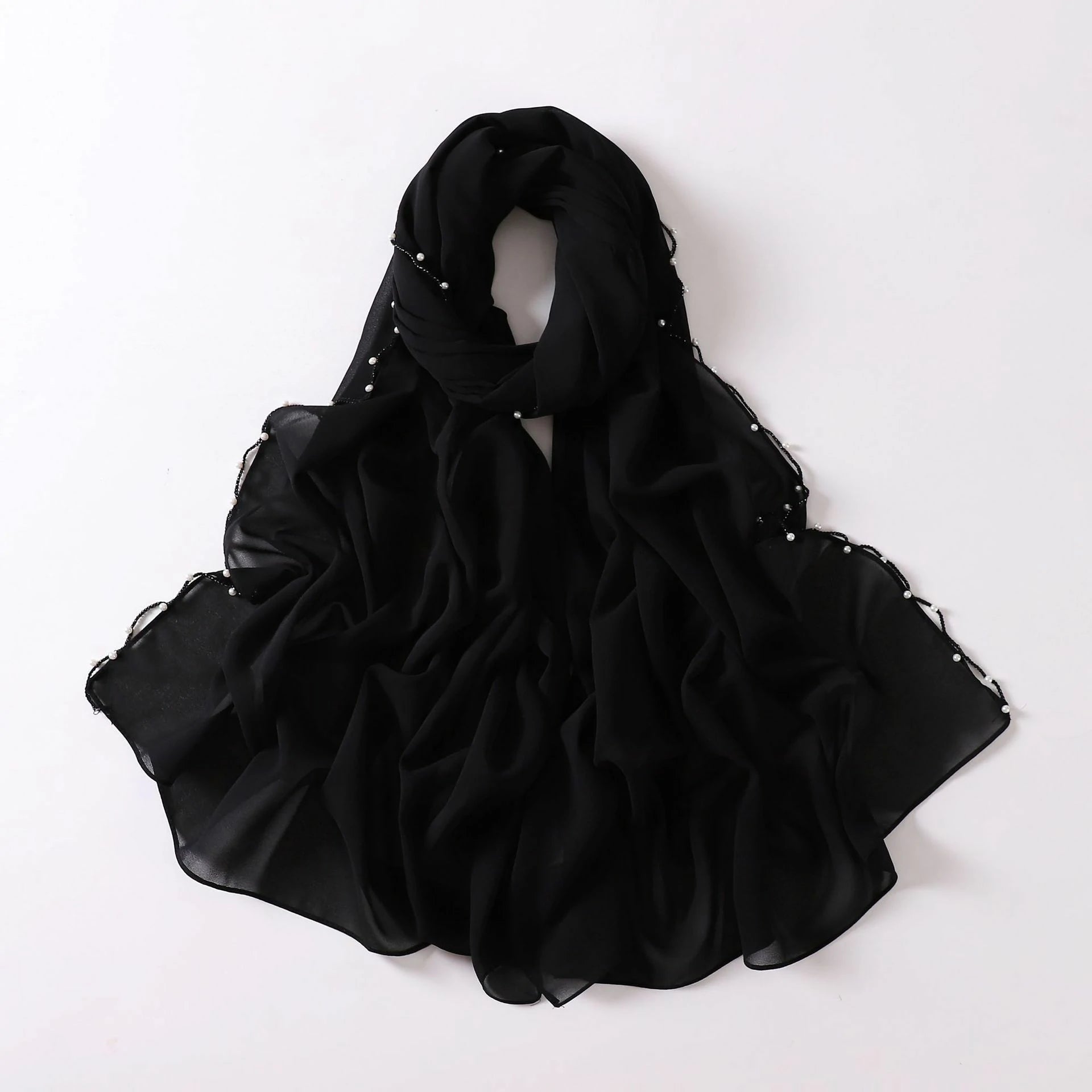 black Wavy Edge Beaded Hijab