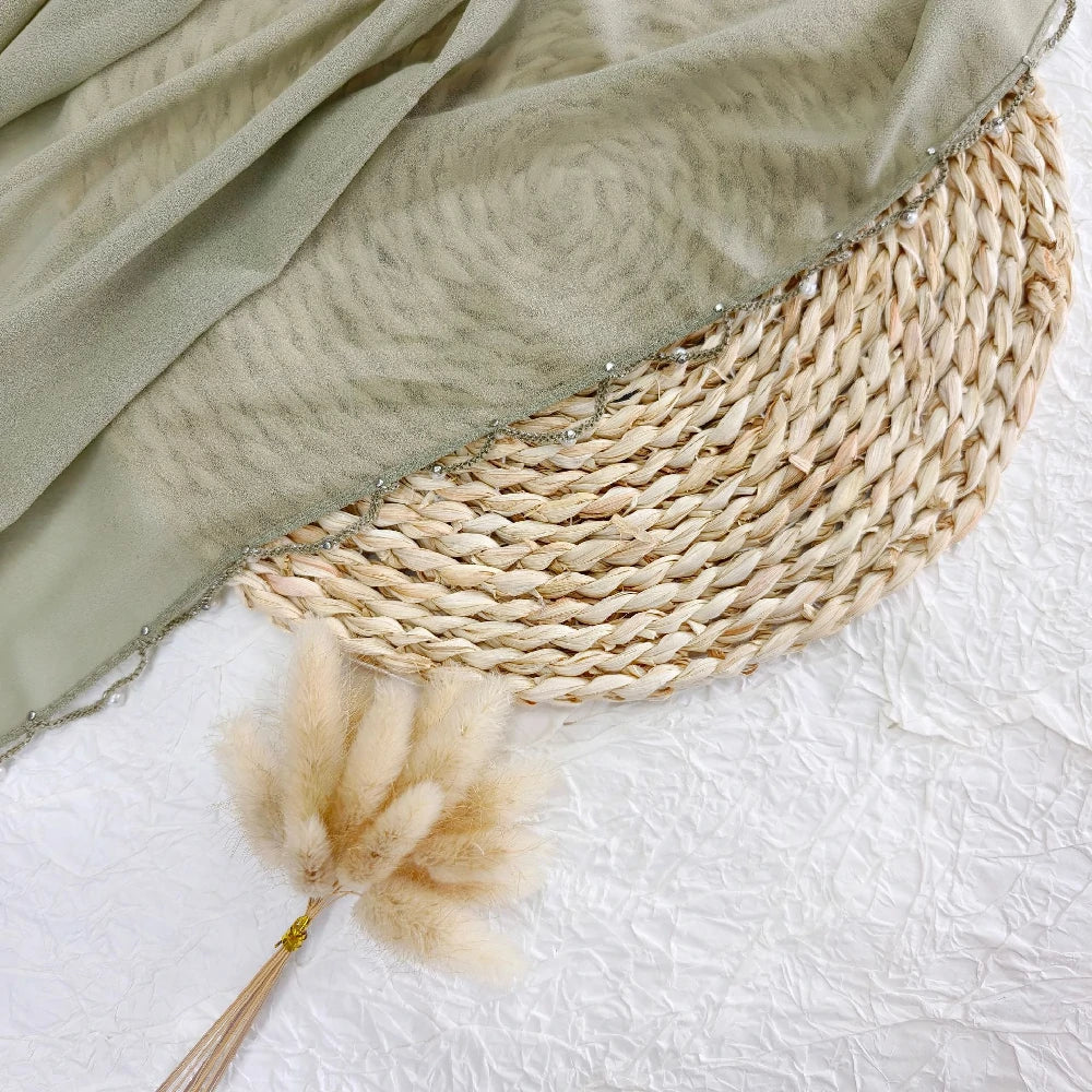 Green Wavy Edge Beaded Hijab