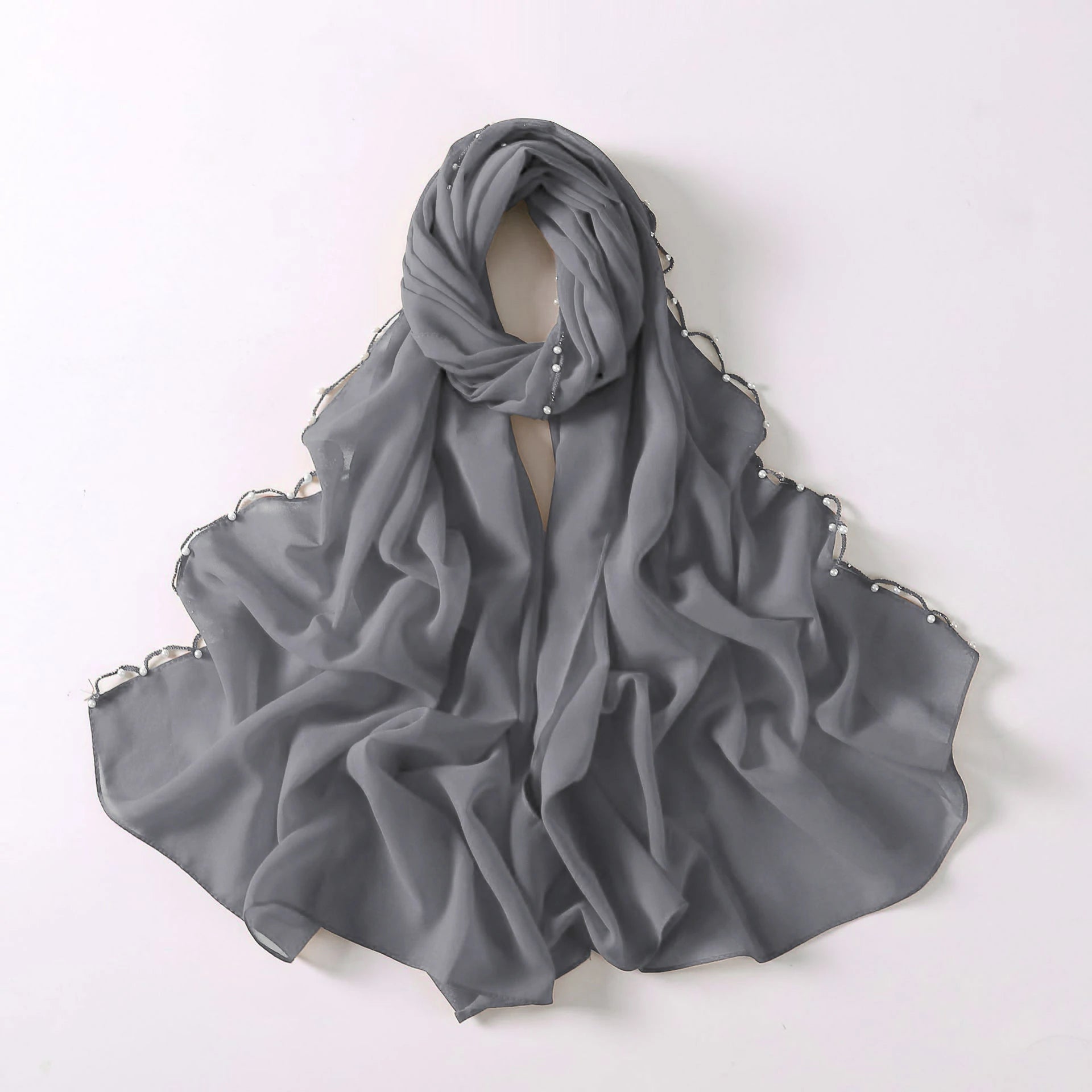 Gray Wavy Edge Beaded Hijab