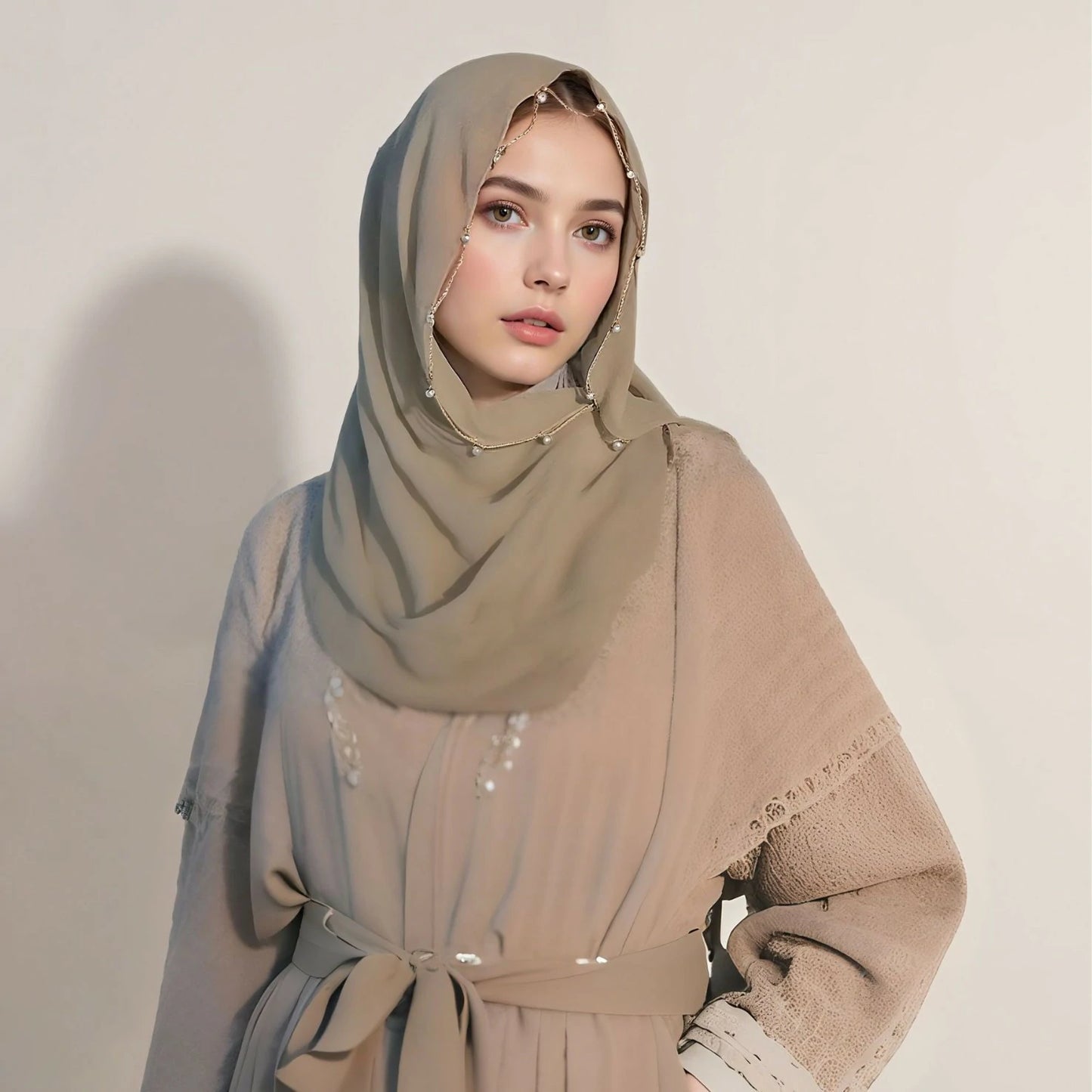 Woman wearing a Wavy Edge Beaded Hijab