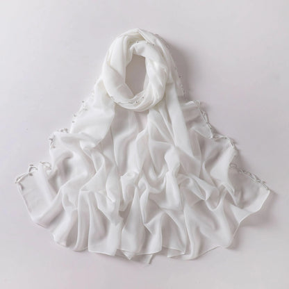 White Wavy Edge Beaded Hijab