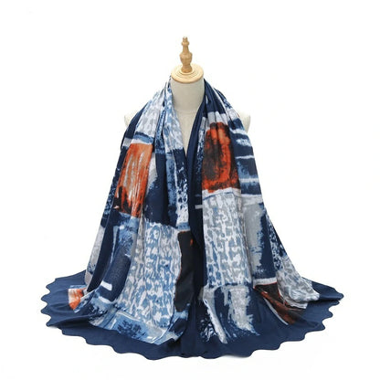 Wholesale Women's Abstract Print Scalloped Edge Hijab Scarf Shawl