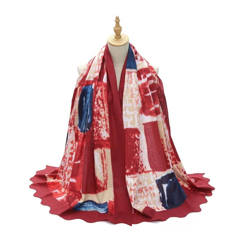 Wholesale Women's Abstract Print Scalloped Edge Hijab Scarf Shawl