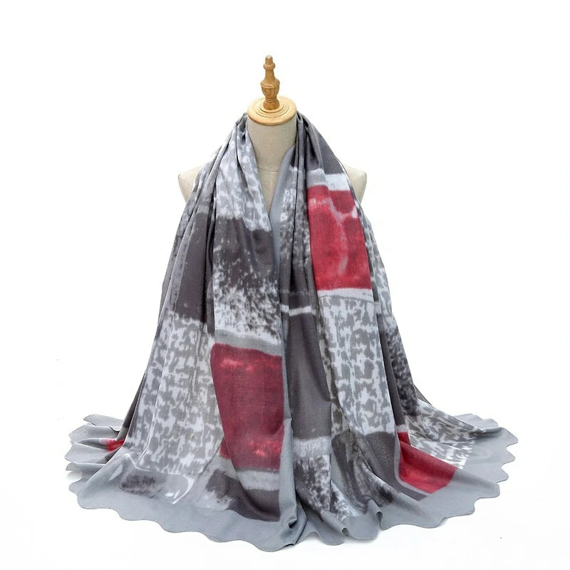 Wholesale Women's Abstract Print Scalloped Edge Hijab Scarf Shawl