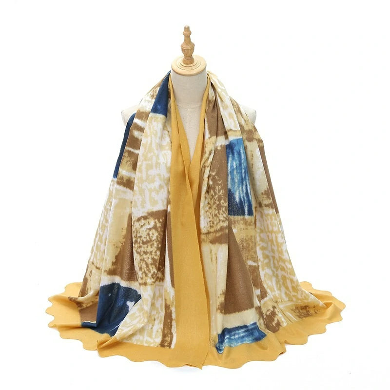 Wholesale Women's Abstract Print Scalloped Edge Hijab Scarf Shawl
