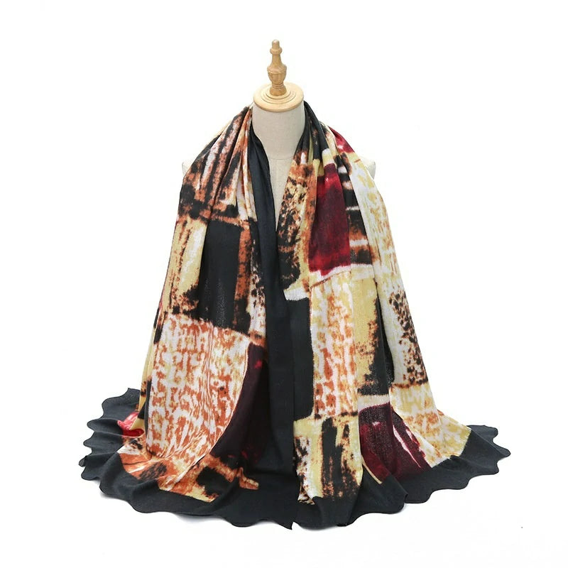 Wholesale Women's Abstract Print Scalloped Edge Hijab Scarf Shawl