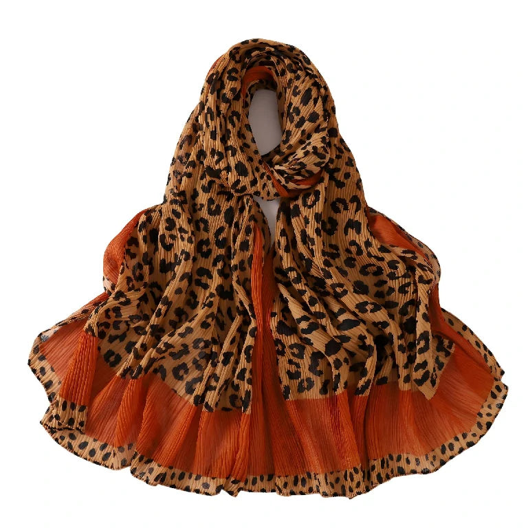 Wholesale Women's Leopard Print Pleated Crinkle Scarf Lightweight Hijab
