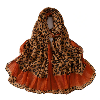 Wholesale Women's Leopard Print Pleated Crinkle Scarf Lightweight Hijab