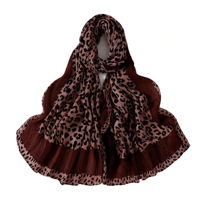 Wholesale Women's Leopard Print Pleated Crinkle Scarf Lightweight Hijab