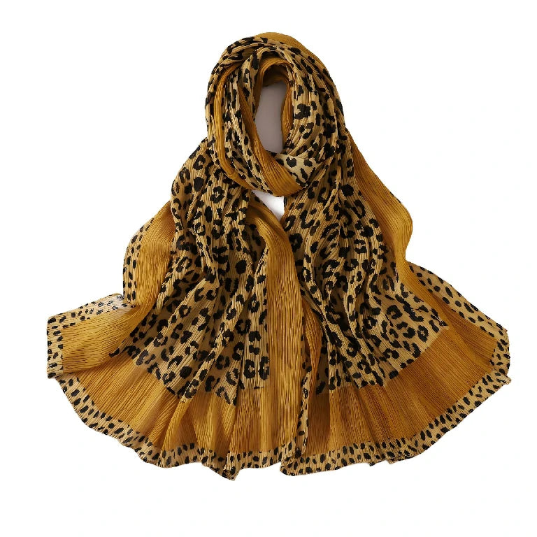 Wholesale Women's Leopard Print Pleated Crinkle Scarf Lightweight Hijab