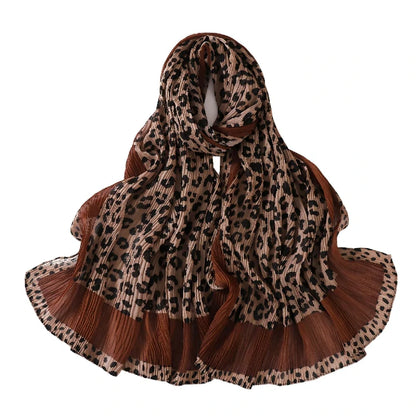 Wholesale Women's Leopard Print Pleated Crinkle Scarf Lightweight Hijab