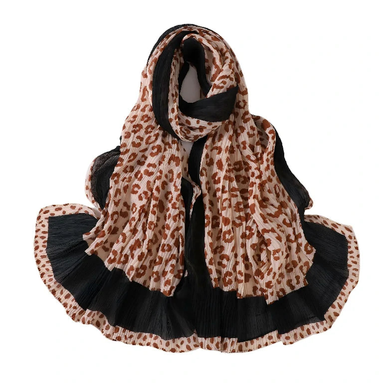 Wholesale Women's Leopard Print Pleated Crinkle Scarf Lightweight Hijab