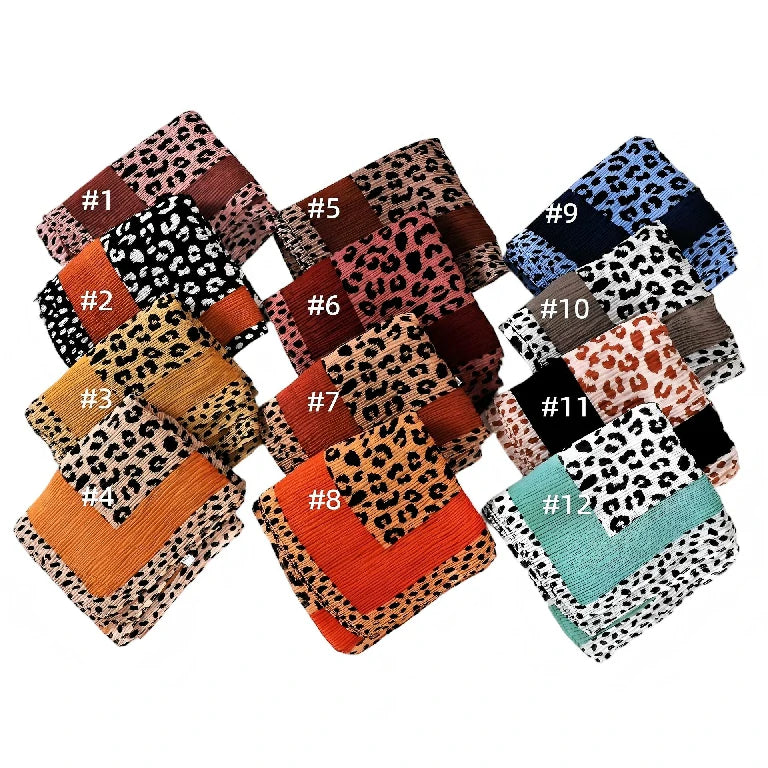 Wholesale Women's Leopard Print Pleated Crinkle Scarf Lightweight Hijab