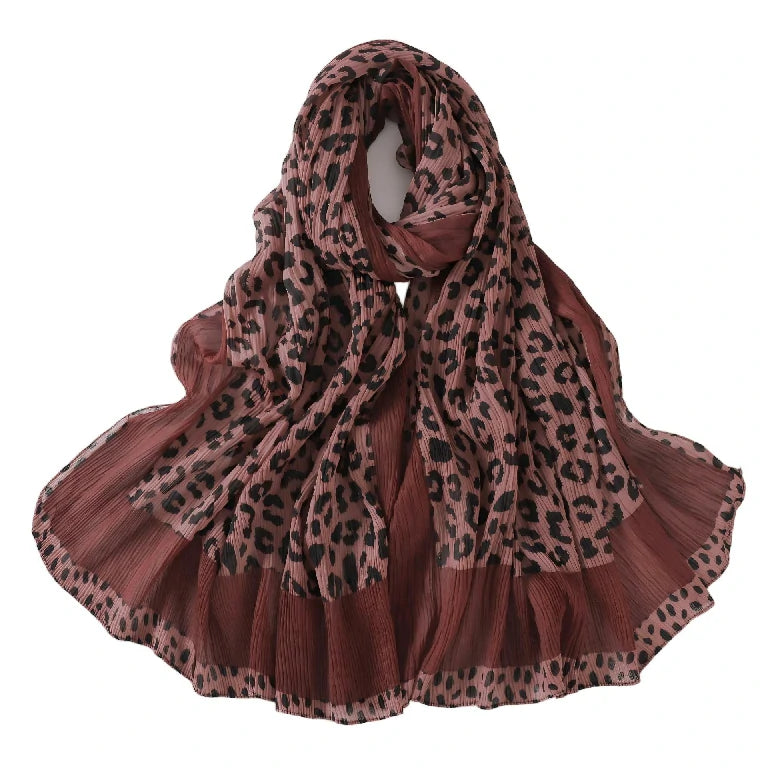 Wholesale Women's Leopard Print Pleated Crinkle Scarf Lightweight Hijab