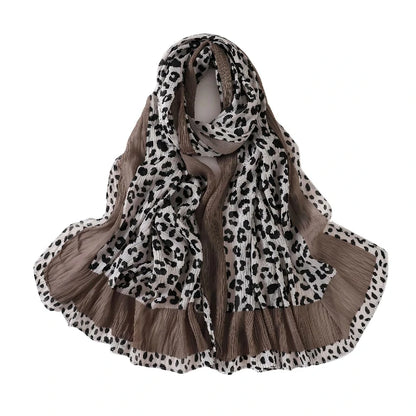 Wholesale Women's Leopard Print Pleated Crinkle Scarf Lightweight Hijab