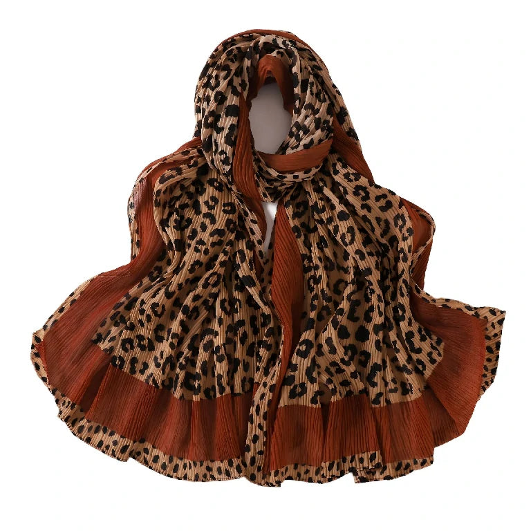 Wholesale Women's Leopard Print Pleated Crinkle Scarf Lightweight Hijab