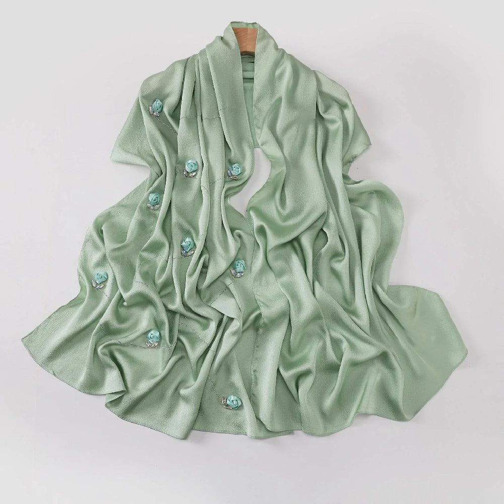 Wholesale Women's scarf 3D Roses Rhinestones Chiffon Jersey Hijab