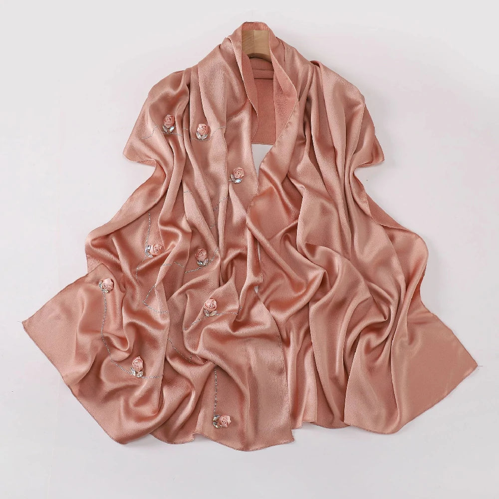 Wholesale Women's scarf 3D Roses Rhinestones Chiffon Jersey Hijab