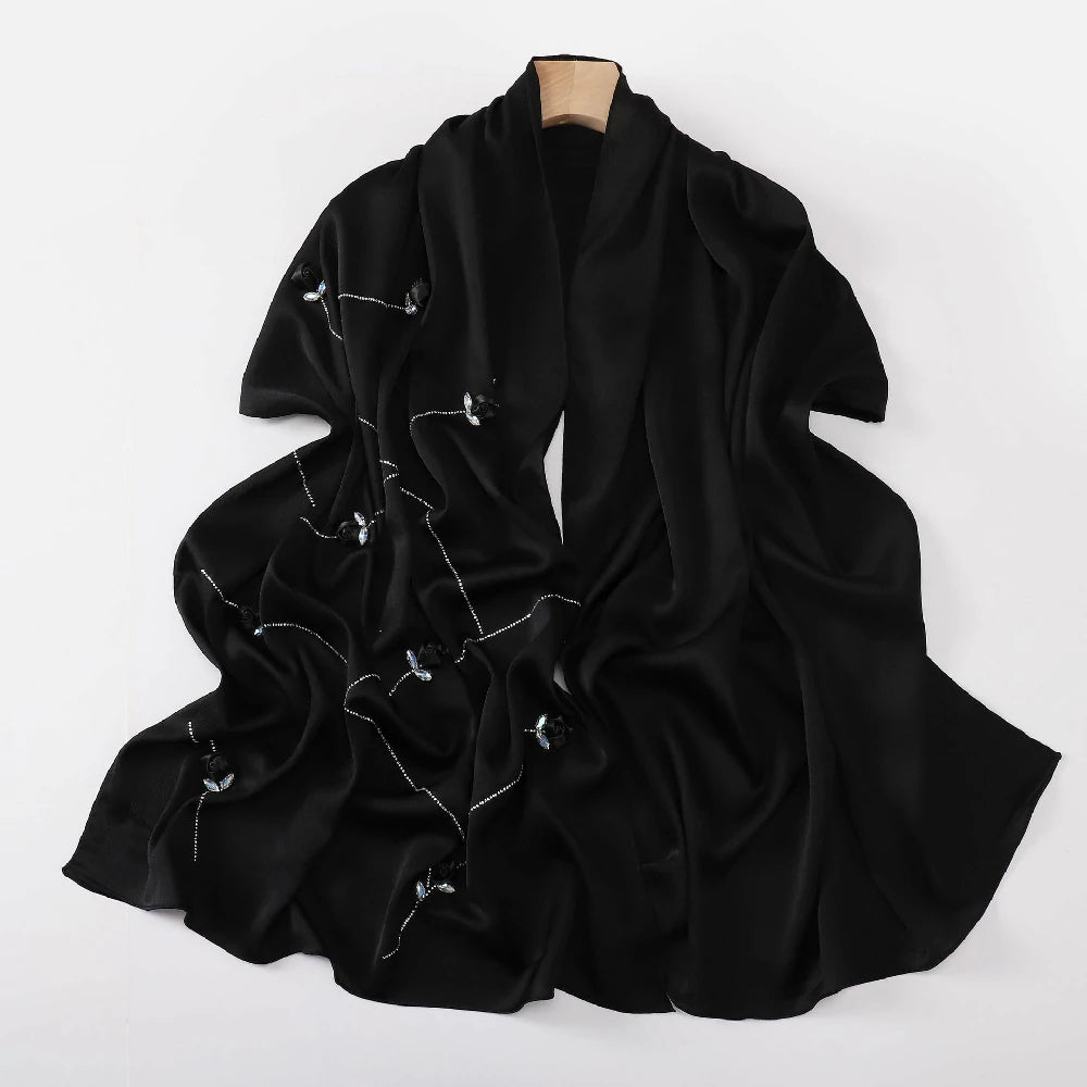 Wholesale Women's scarf 3D Roses Rhinestones Chiffon Jersey Hijab