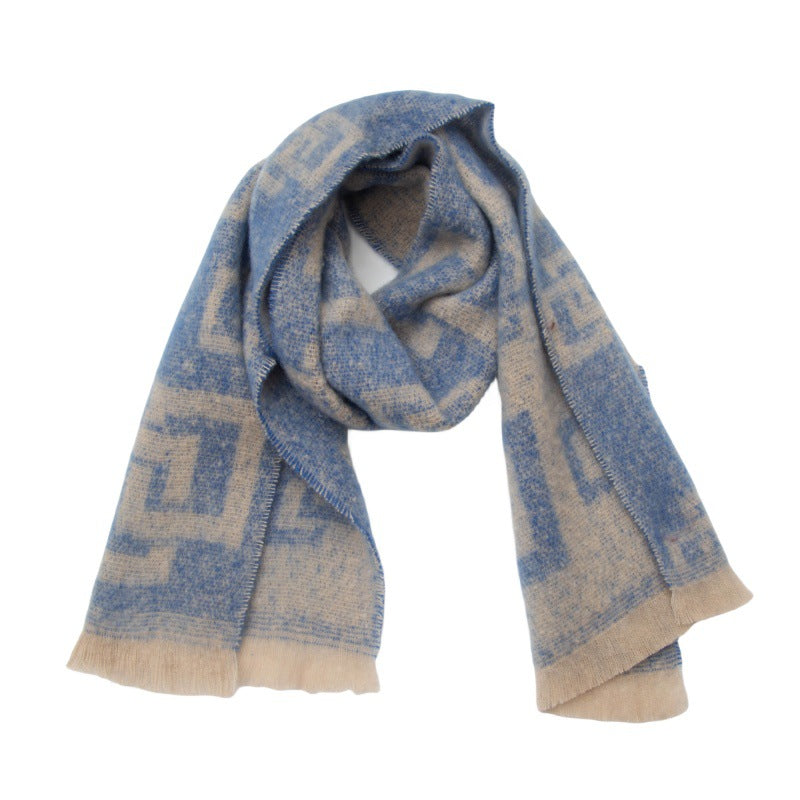 Blue scarf for men and women with short jacquard pattern