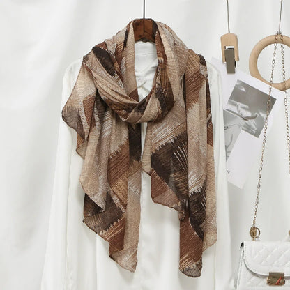 Women's Brown Abstract Plaid Chiffon Scarf Lightweight Fashion Shawl Wrap