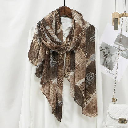 Women's Brown Abstract Plaid Chiffon Scarf Lightweight Fashion Shawl Wrap