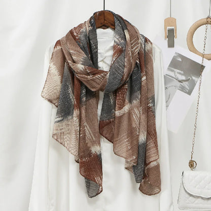Women's Brown Abstract Plaid Chiffon Scarf Lightweight Fashion Shawl Wrap
