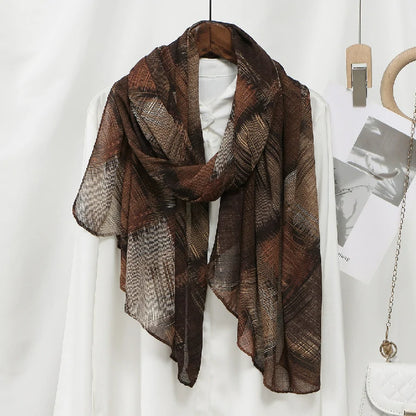Women's Brown Abstract Plaid Chiffon Scarf Lightweight Fashion Shawl Wrap