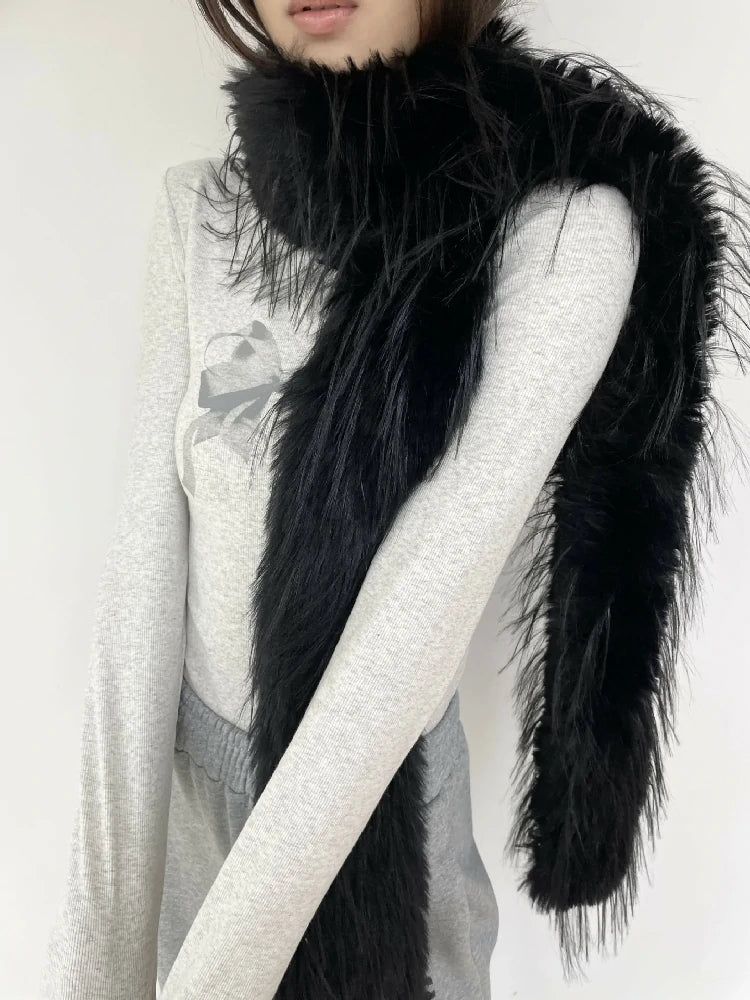 Black long faux fur scarf