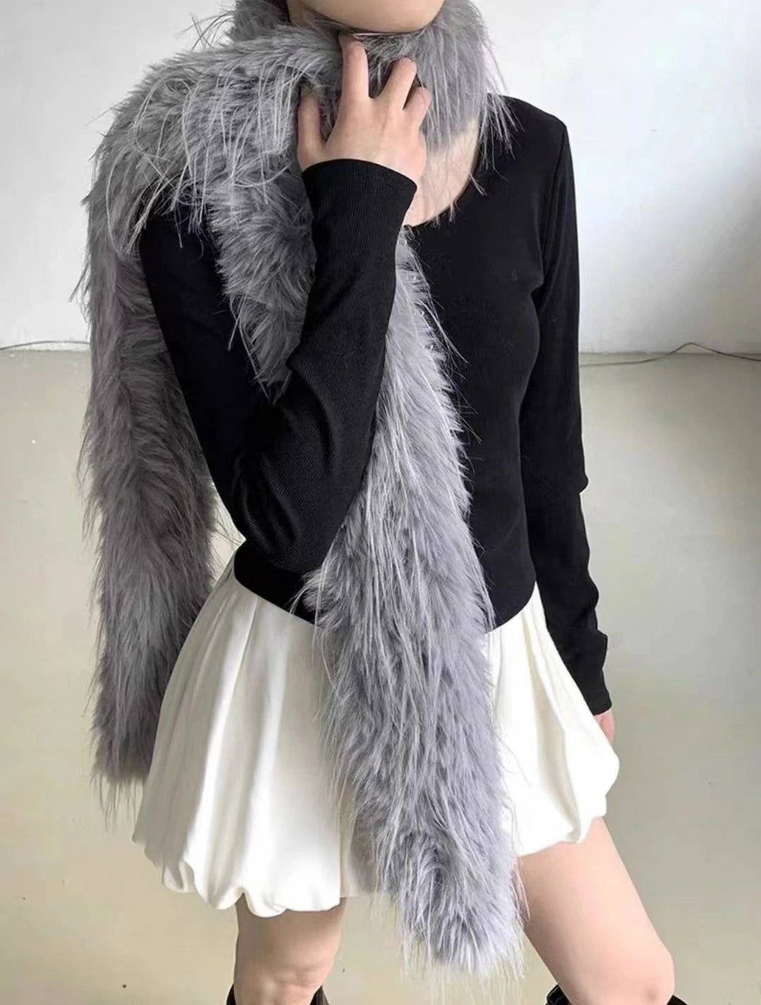 Gray long faux fur scarf