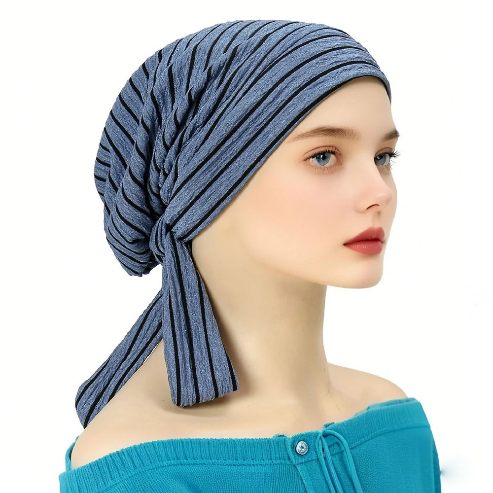 Blue and black striped headscarf