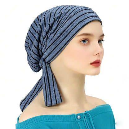 Blue and black striped headscarf
