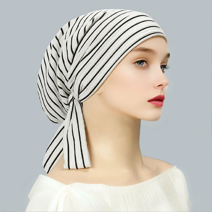 White and black striped headscarf