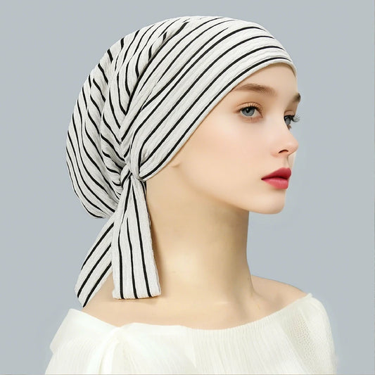 White and black striped headscarf