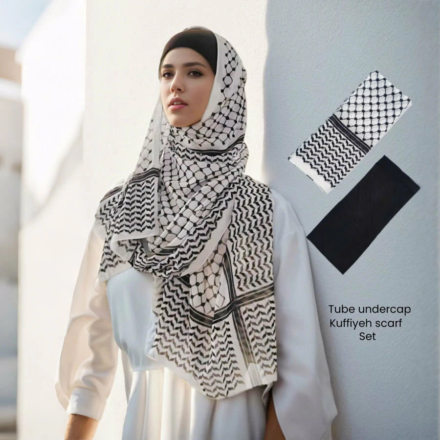 A woman wearing a black and white Arabic chiffon headscarf