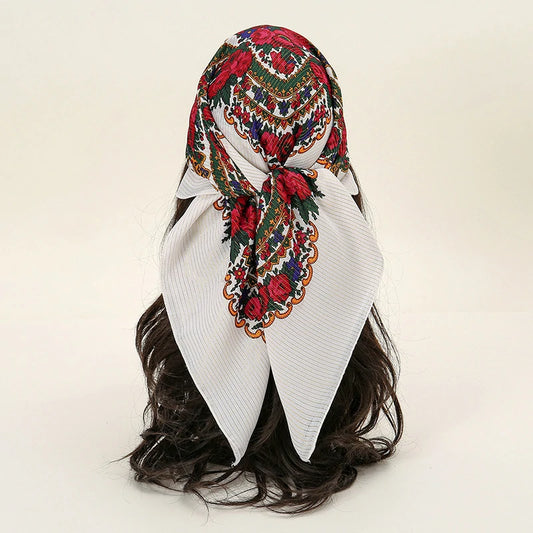 Red embroidered white headscarf