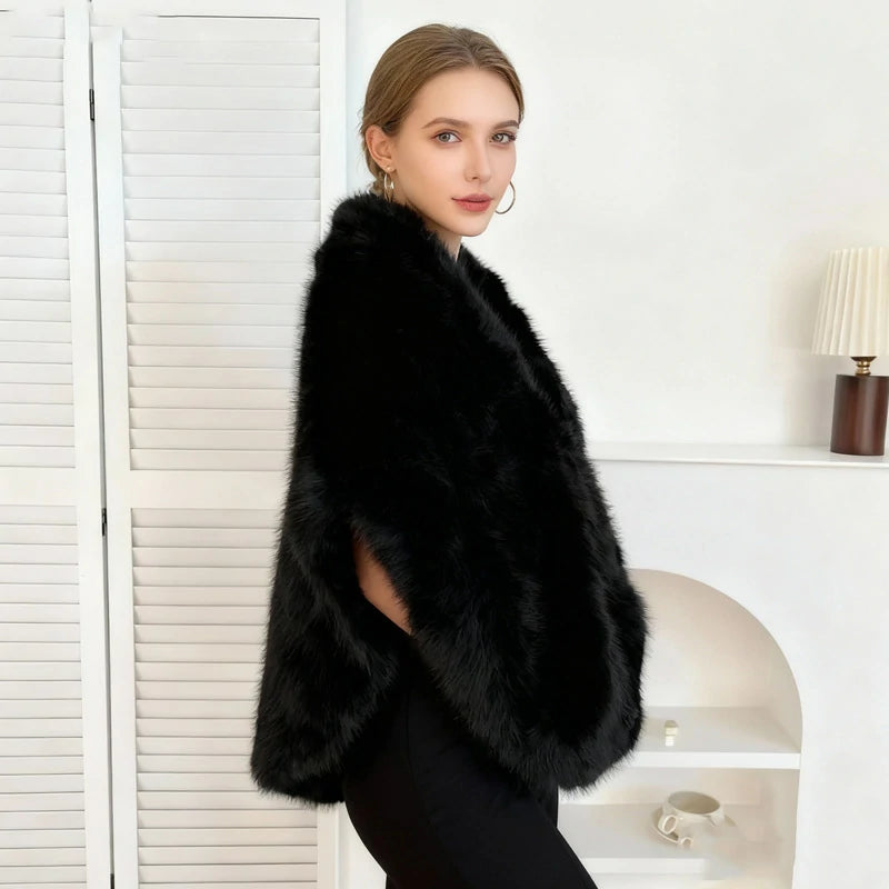 A woman wearing a black faux fur coat standing sideways