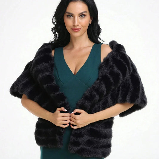 A woman wearing a black faux fur shawl