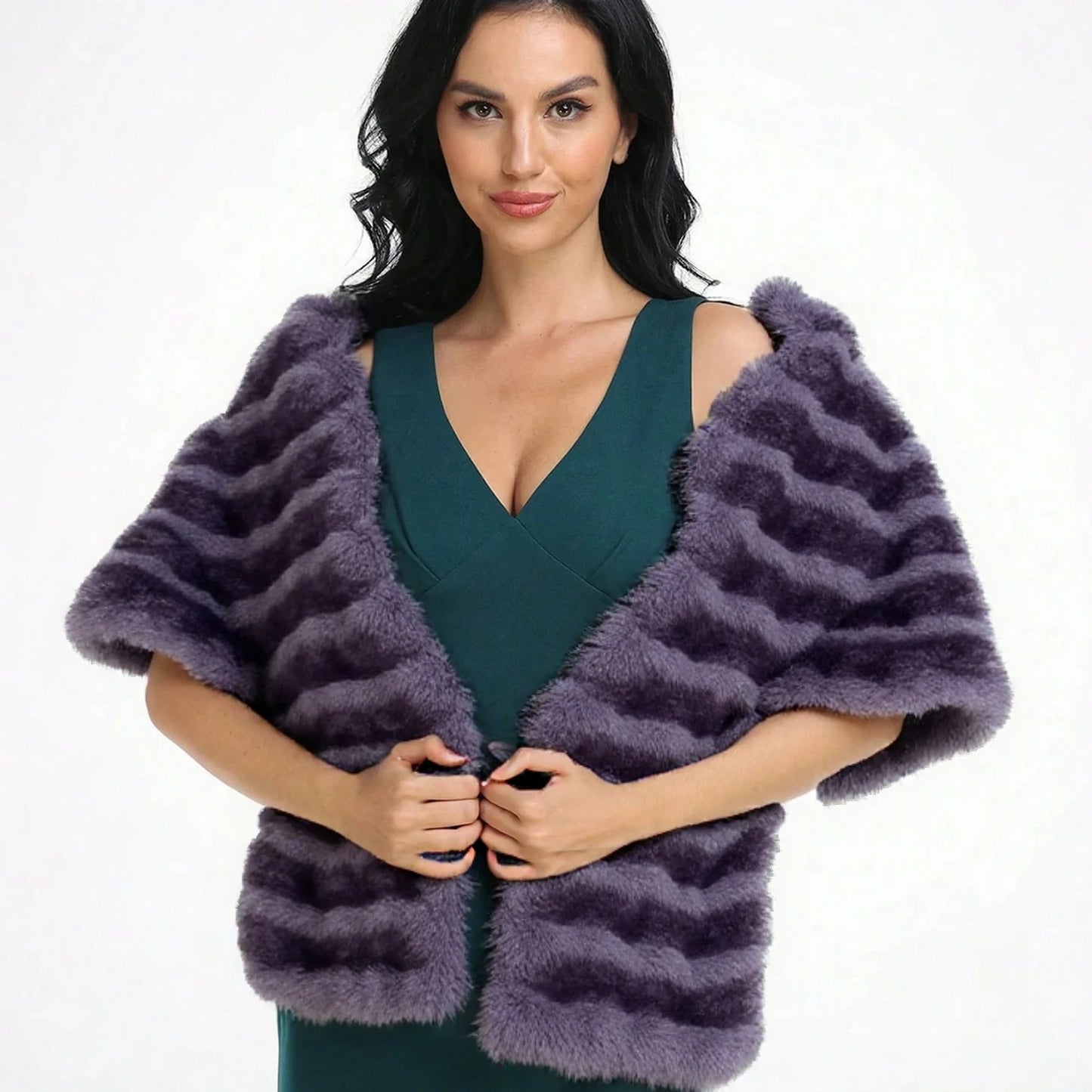 A woman wearing a purple faux fur shawl
