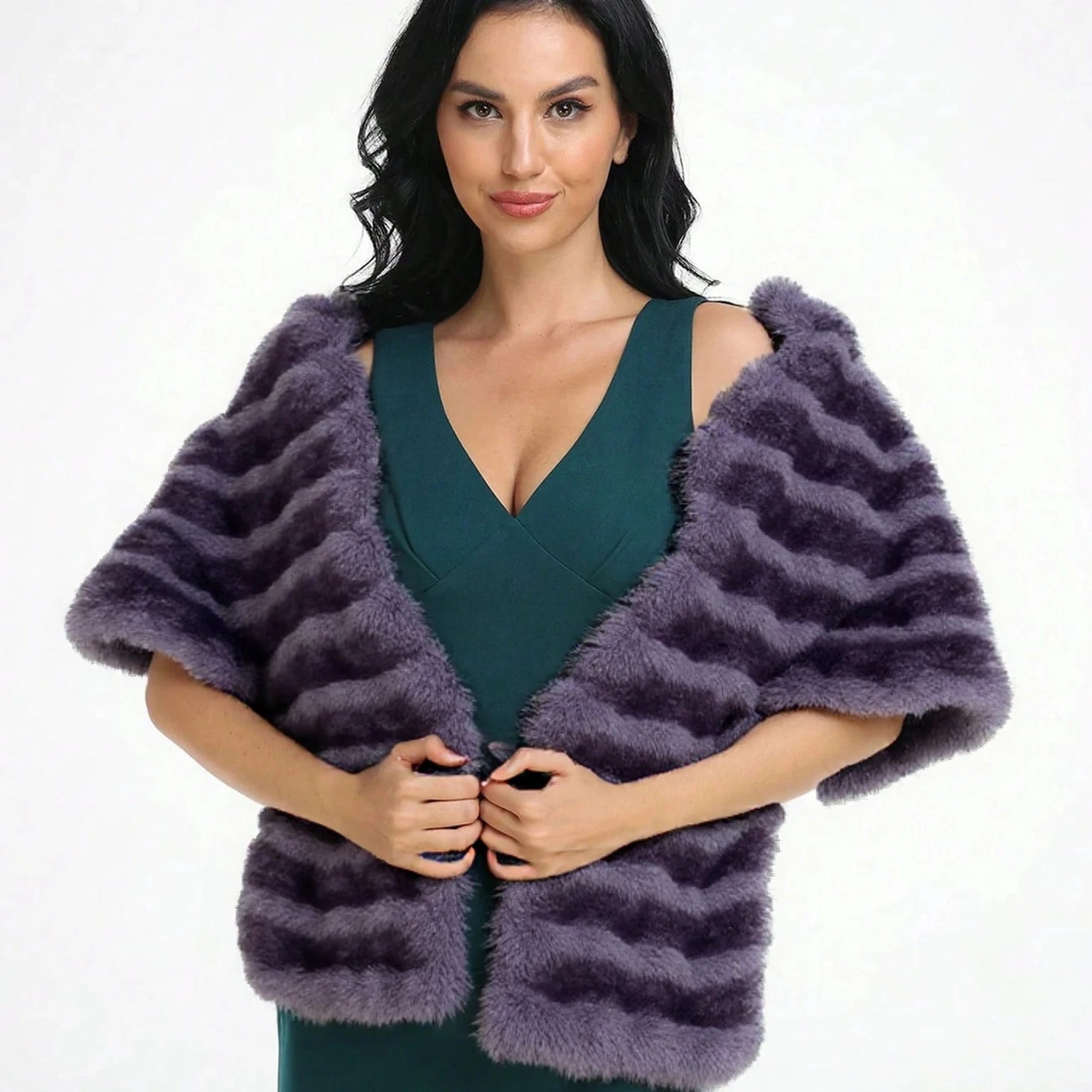 A woman wearing a purple faux fur shawl