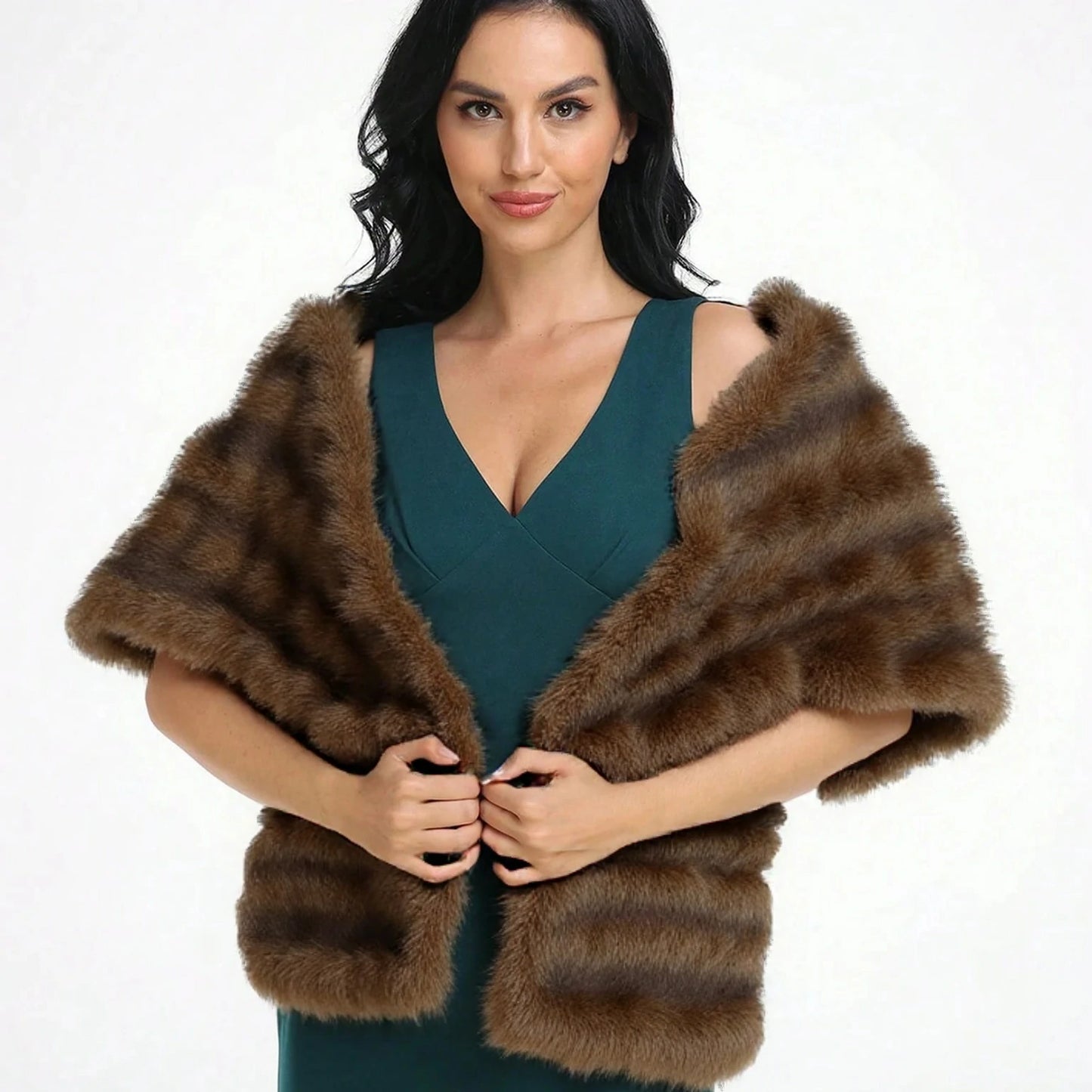 A woman wearing a coffee-colored faux fur shawl