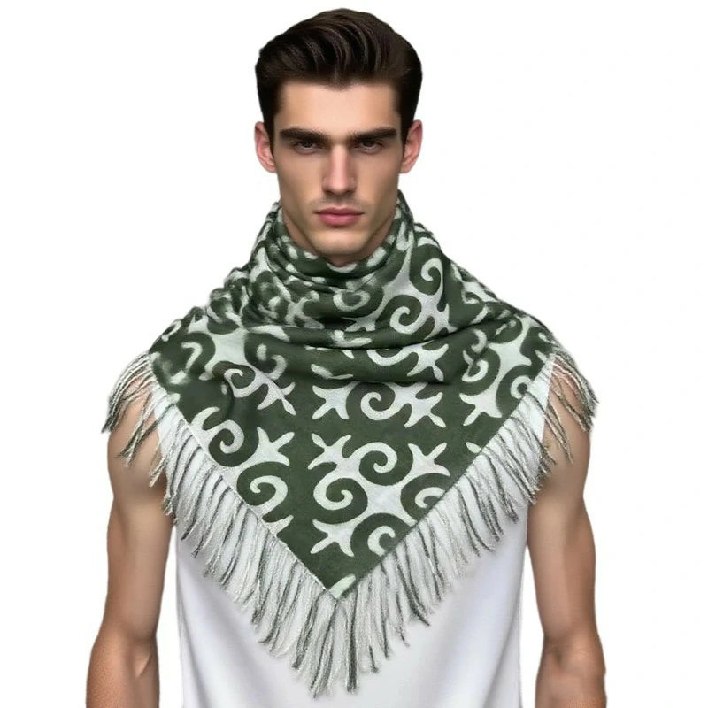 The man wearing a green cross-stitch handkerchief