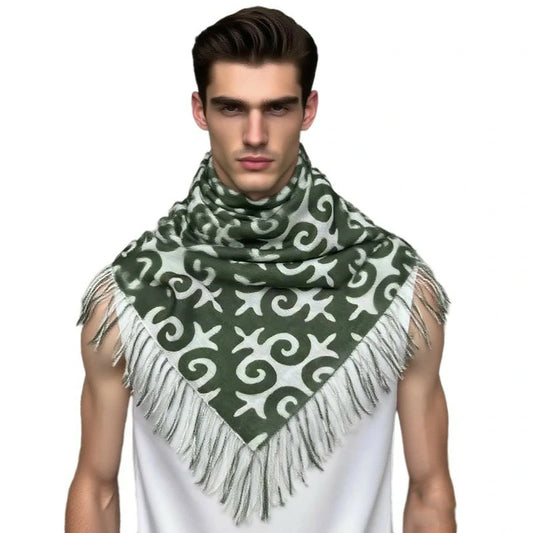 The man wearing a green cross-stitch handkerchief